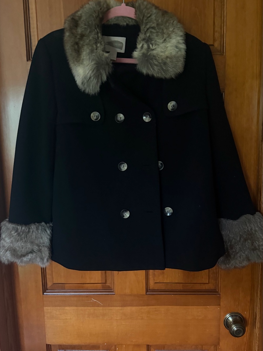 Forever 21 Black Double-Breasted Pea Coat with Gray Faux Fur Trim